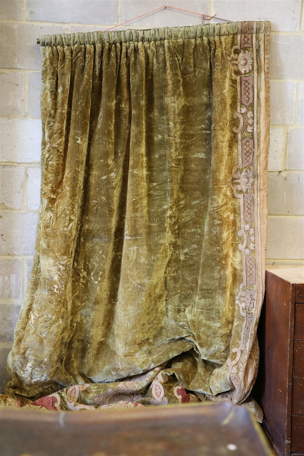 A pair of olive green velvet curtains with brocade border, length 260cm, width 155cm